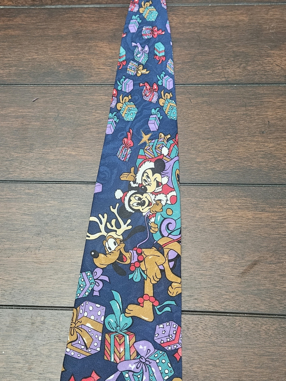 Disney Navy Holiday Kids Tie with Mickey, Pluto and Colorful Presents